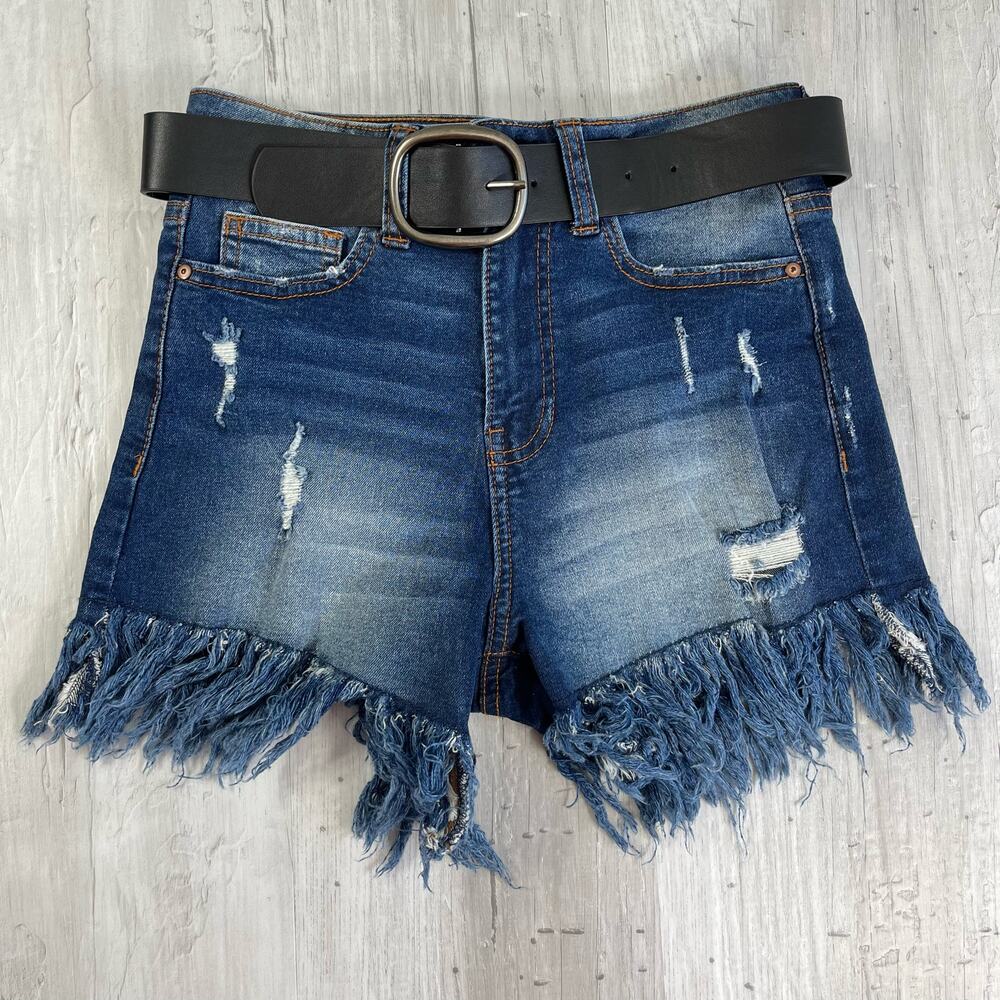 No Boundaries Dark Wash Fringe Denim Shorts Size 5 Belted Festival Distressed